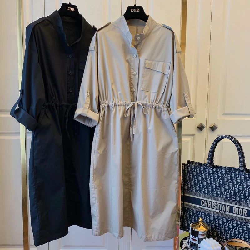 

Spring and Autumn Wear Temperament Stand-up Collar Stitching Pockets Loose Casual Aura Washed Cotton Dress Woman Dress