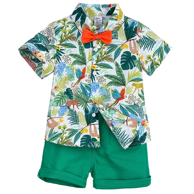 

2 Pcs Set Shorts for Boys Kids Children Tops Pants Summer Baby Toddler Clothing Short Sleeve Leaf Bow Tie T-Shirt