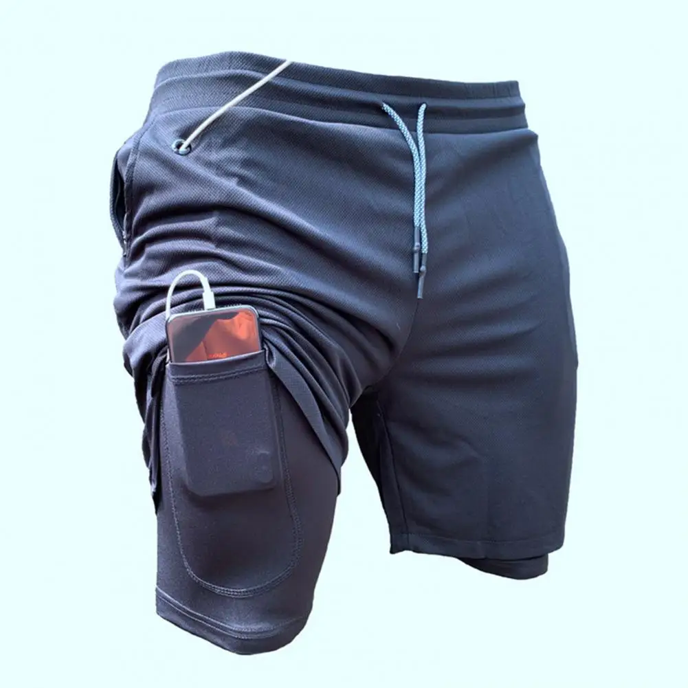 Double Layer Men's Athletic Shorts With Cell Phone Pocket