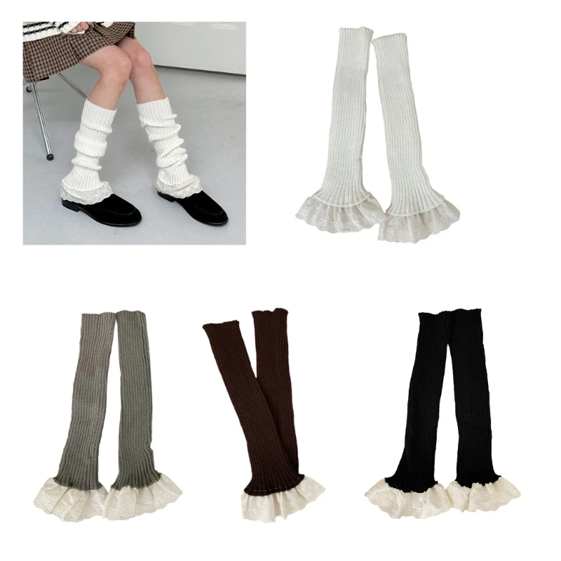 

JK Girl Ribbed Knit Striped Leg Warmer Women Cute Harajuku Ruffled Lace Hem Patchwork Student Leg Cover Boot Cuffs Long Socks