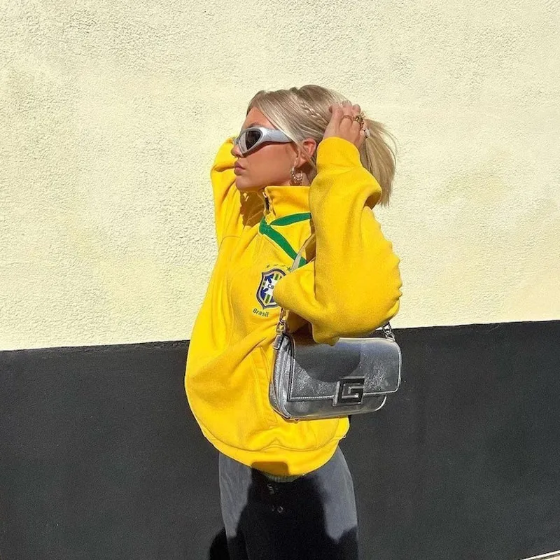 Retro Grunge Gothic Jacket Letter Embroidery Graphic 2000s High Street Y2K Aesthetic Vintage Zip Up New Coat Yellow Sweatshirts