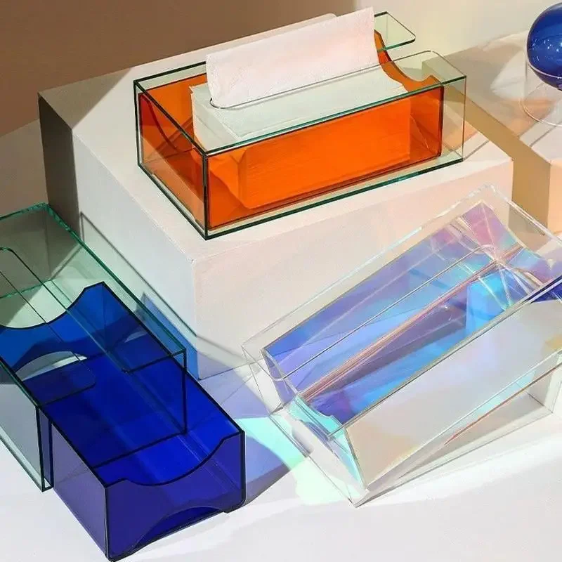 Colorful Acrylic Drawer Tissue Box Luxury Desktop Transparent Rainbow Napkin Box Ins Style Home Creative Bathroom Storage 5