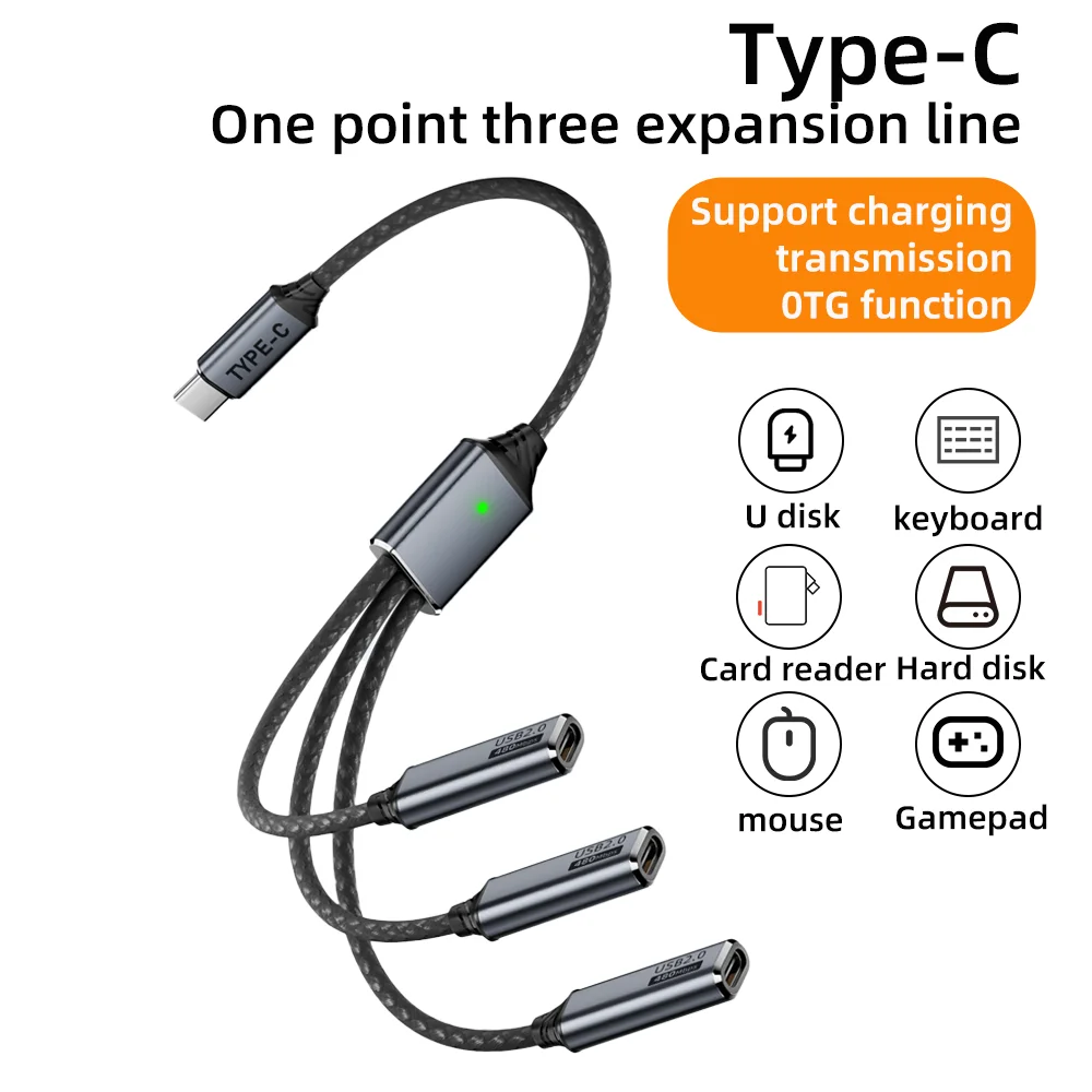 Multi-Port USB Expansion Hub: 3-in-1 Splitter Cable with USB-A/Type-C Outputs