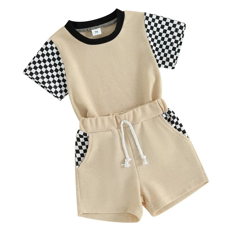 

2Pcs Baby Boy Summer Outfits Checkerboard Short Sleeve Tops + Shorts Set Toddler Clothes