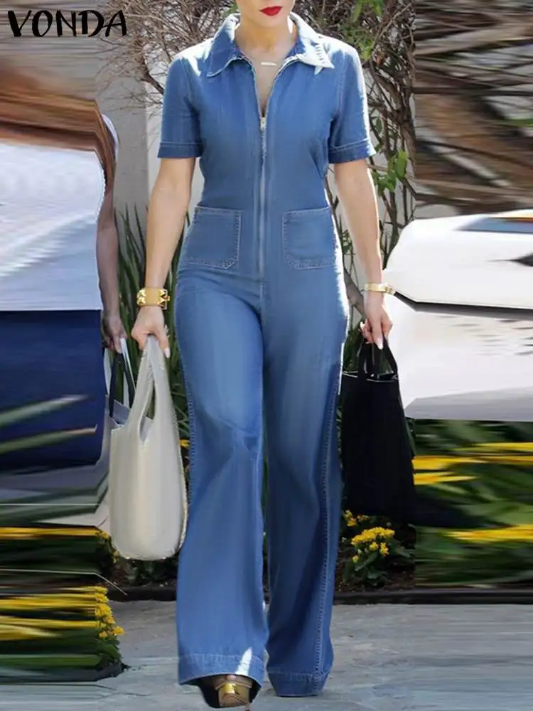 

2023 VONDA Vintage Rompers Summer Women Pockets Causal Long Jumpsuit Fashion Lapel Zipper Short Seeve High Streetwear Playsuits