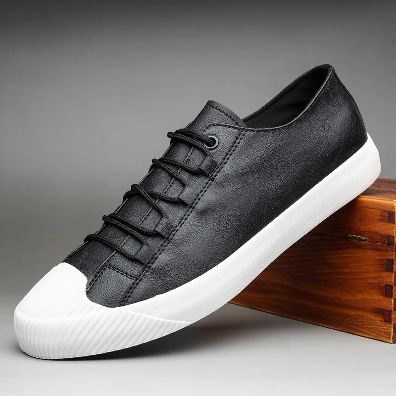 Luxury Low top Men Vulcanize Shoes Autumn New Leather Casual Shoes Korean Breathable Black lace-up Sneaker Shoes 2