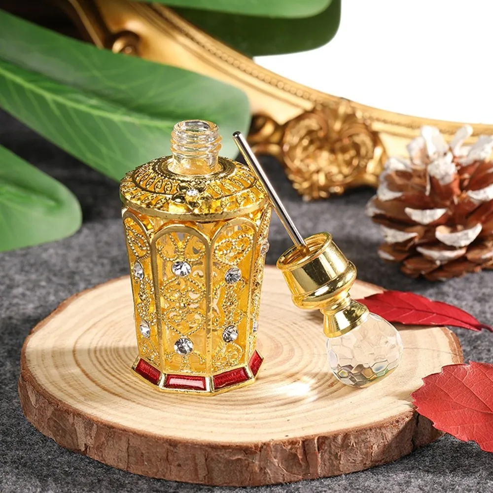 Botella de Perfume chapada en oro de 12ML, tapa de cristal con grabado de diamantes, Estilo Vintage, Boca Grande, Sub-embotellado, aceite esencial, regalo de belleza