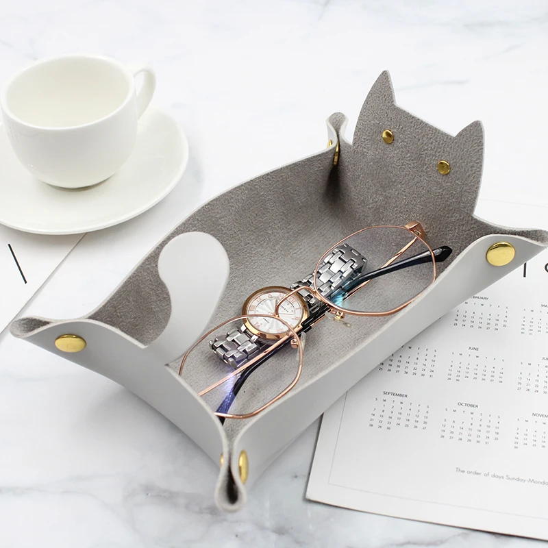 PU Leather Desktop Storage Tray, Stationery Storage Tray, Dice Rolling Cat Shaped, Square, Key Box
