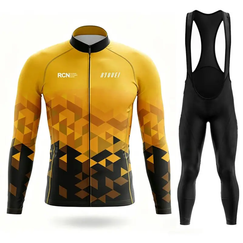 RVOUEI Cycling Jersey Bib Pants Set Team Autumn, Ropa Ciclismo, Bicycle MTB Clothing, Road Bike Suit, Men Long Sleeve Bicicleta Set