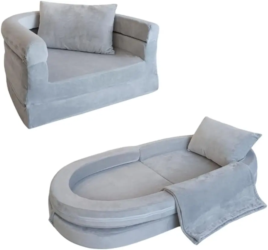Kids Foam Couch with Blanket & Pillow, 3-in-1 Convertible Sofa, Foldable Lounger Chair & Floor Bed for Boys Girls (Grey)