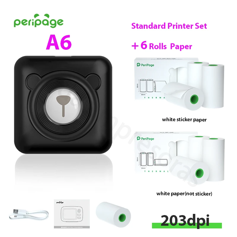 기존 Peripage A6 203 인치 당 점 HD 열전 사 포토 프린터 미니 포켓 무 잉크 프린터 라벨 스티커 BPA 무료 원본 용지 Etiquetas