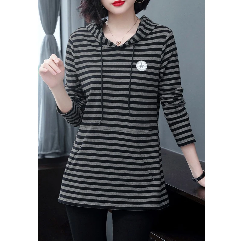 Fall Women Trendy Appliques Striped Casual Streetwear Y2K Hoodie Korean Style Long Sleeve Loose Hooded Sweatshirts Pullover Tops