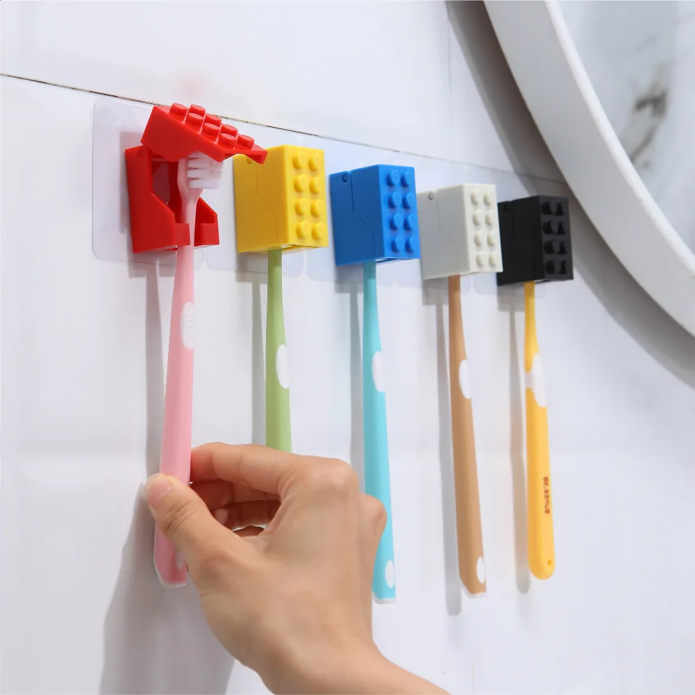 Creative Plastic Building Block Shaped Toothbrush Holder Children Toothbrush Storage Rack Dust Waterproof Wall Hook