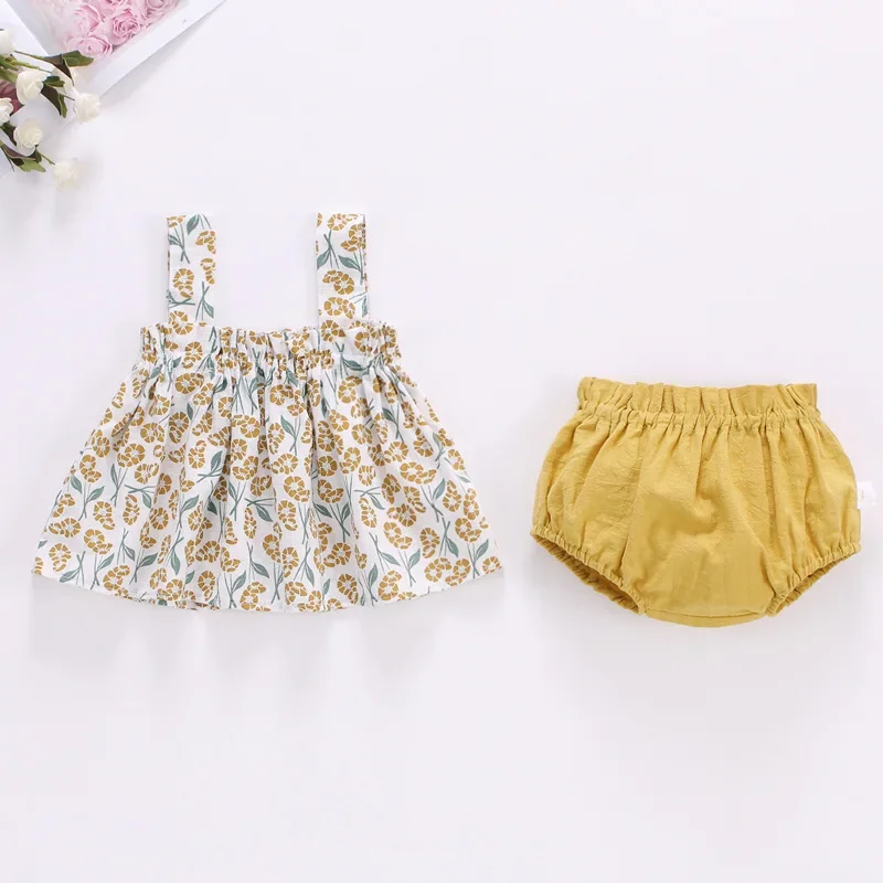 Baby Summer Dress Suit Baby Girl Clothes 0-2 Years Infant Toddler Cherry Sling Dress Bread Pants Two-piece Clothing Set KF1138