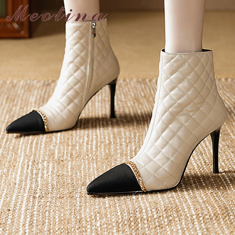 

Meotina Women Genuine Leather Ankle Boots Pointed Toe Thin High Heels Zipper Chain Short Boot Ladies Fashion Shoes Autumn Winter