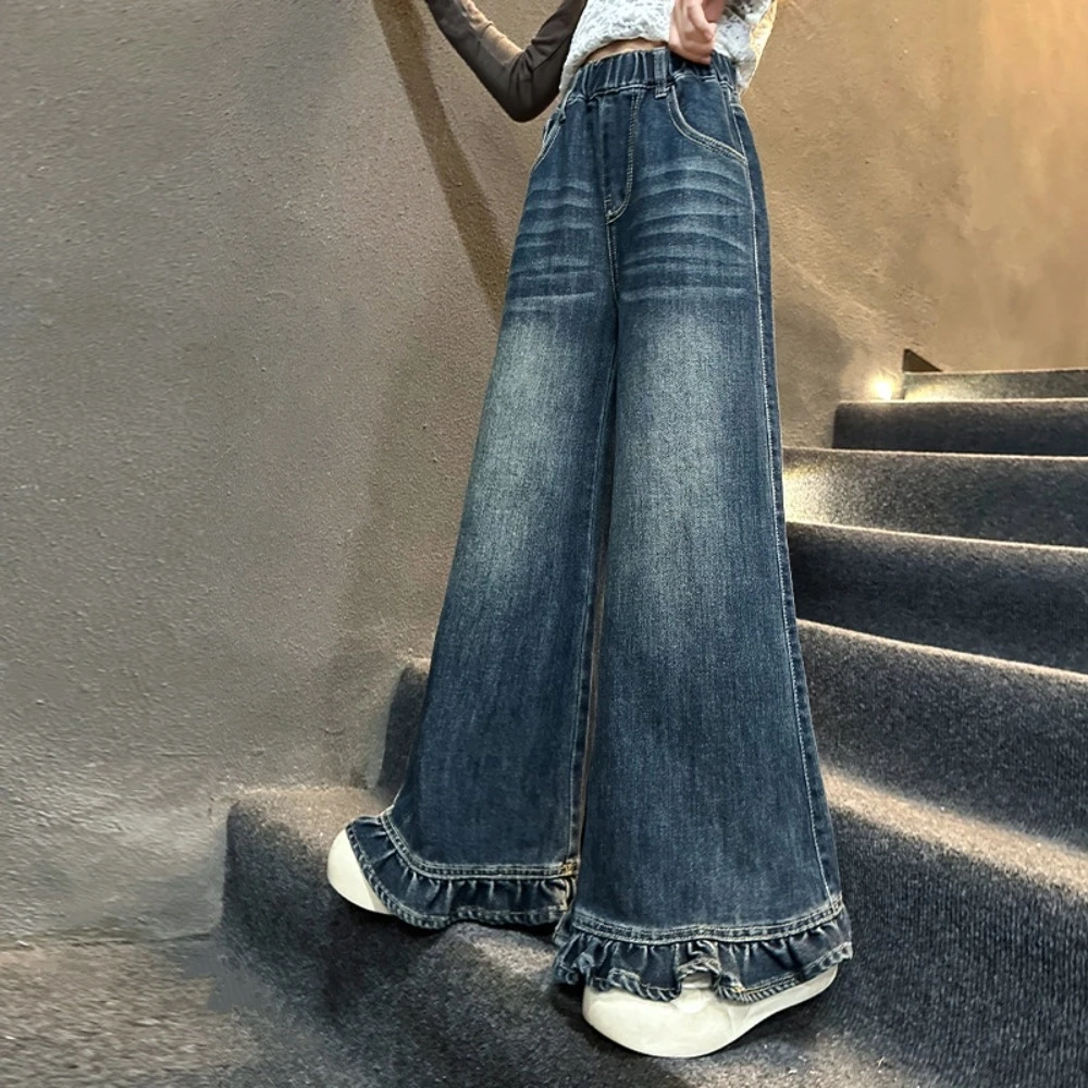 Wide Leg Pants Teen Girl Jeans Straight High Waist Children Ruffled Jeans Long Loose Streetwear Girls Denim Trousers