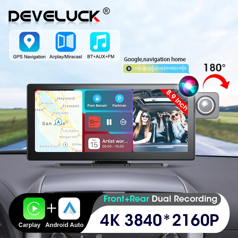 

4K Dash Cam 8.9" CarPlay Android Auto Rotatable Camera DVR Automobile Video Recorder Dashboard Monitor GPS Navigation Park AUX