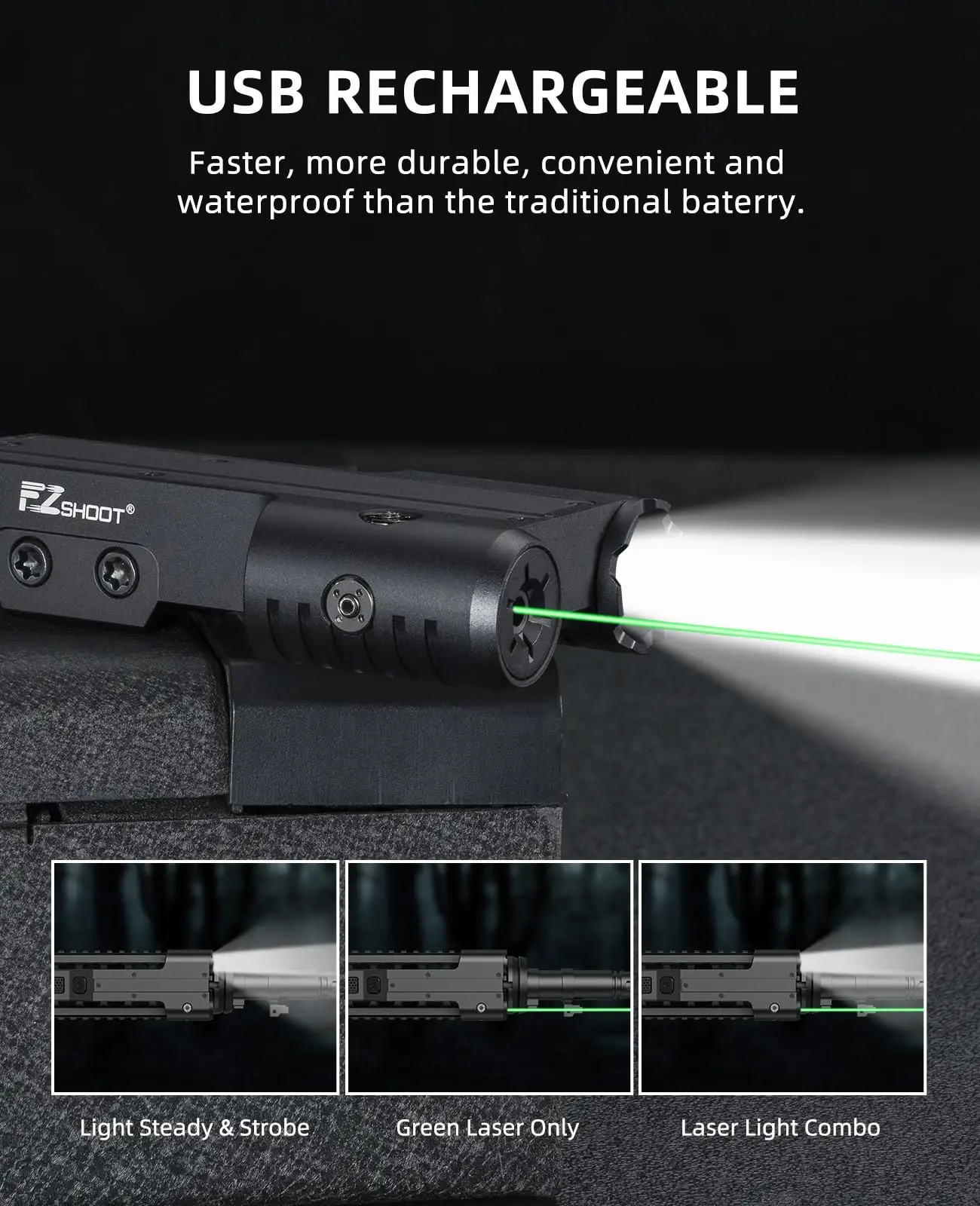Rifle Light 1600 Lumen EZshoot Green Laser for Rifle Combo Compatible with Picatinny Rail USB Rechargeable Strobe Tactical Hunt