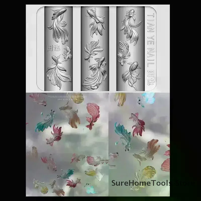 3D Soft Silicone Mermaid Nail Art Mold Ocean Goldfish Koi Cartoon Templates DIY Nail Buttons Carves Manicure Tools Accessories