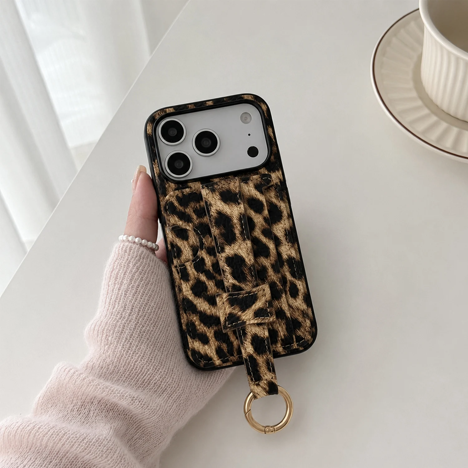 Leopard Print Pebbled PU Leather Phone Case with Card Holder and Finger Strap Ring Hook