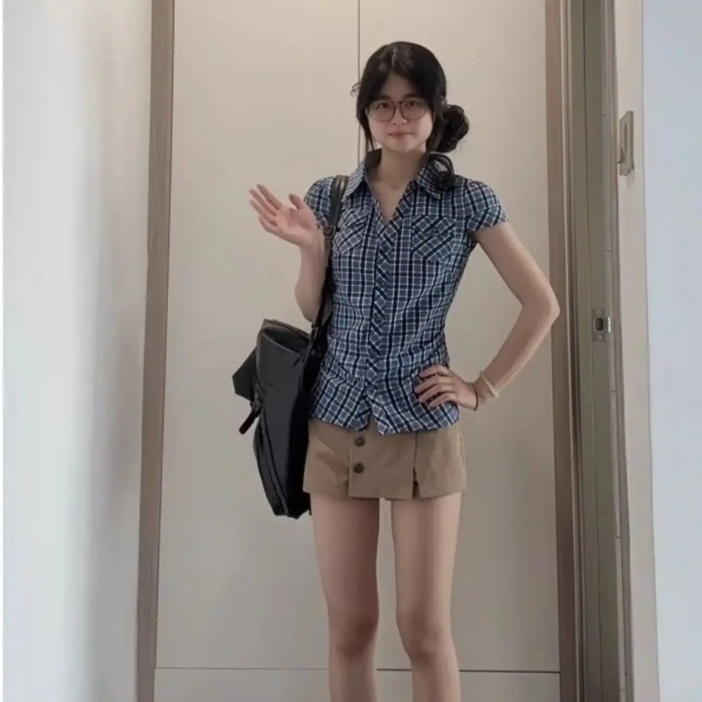 Casual Short Blue Grid Shirt Korean Style Streetwear Women Blue Grid Blouse Pink Ruffle Long Sleeve Tops Travel