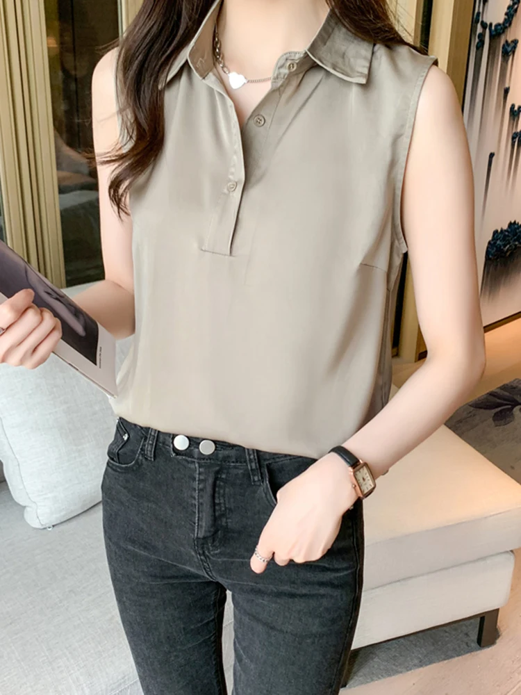 

OL Style Shirts Women Turn-down Collar Sleeveless Women Blouse Tops Elegant Workwear Female Tops blusas femme 2022 Summer