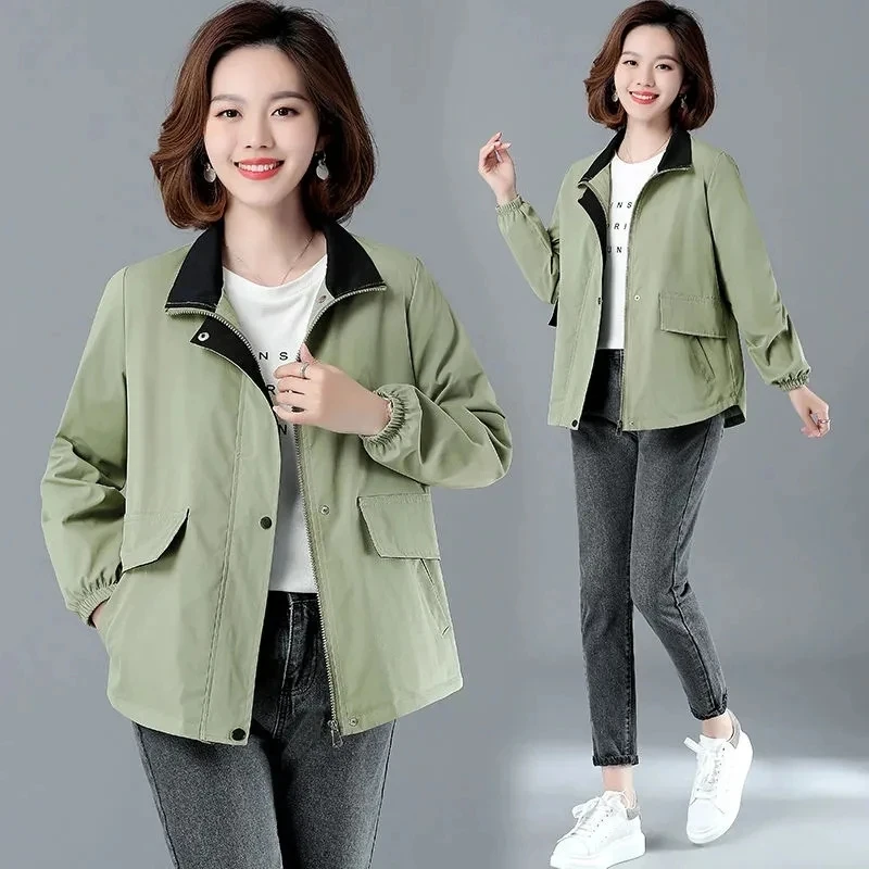 

2023 Women's Short Jacket Spring Autumn New Casual Windbreaker Female Stand Collar Basic Coat Zipper Pocket Jacket Outerwear