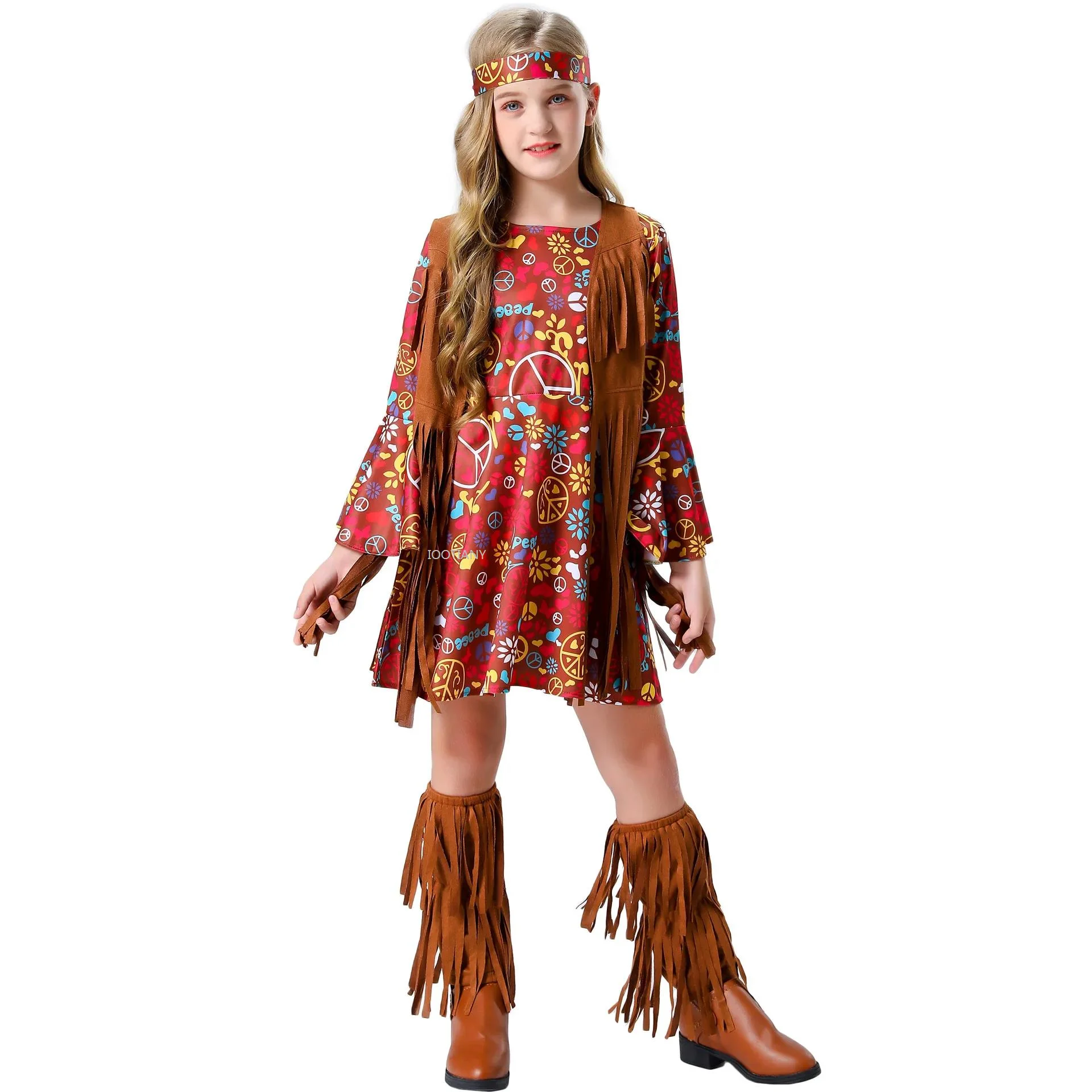 

2024 Child Concert Rock Hippie Costume Hippie Cosplay Costume Set Halloween Carnival Party Tassels Pop Rock Fashion Kid Outfits