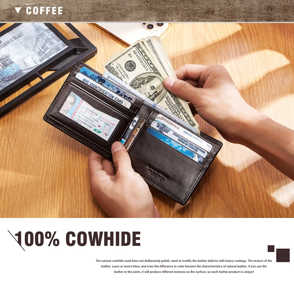 Real Leather RFID Trifold Wallet for Men - Slim Airtag Card Holder with ID Window