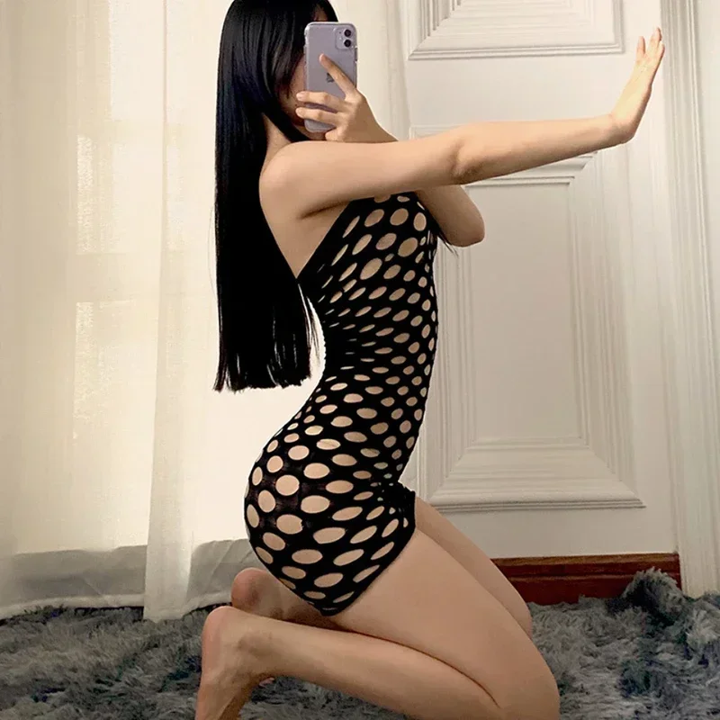 Sexy Pure Net Yarn Transparent Long-sleeved Crop Top Women's Sexy Dress Mini Dress Thin Black Tight Bodysuits