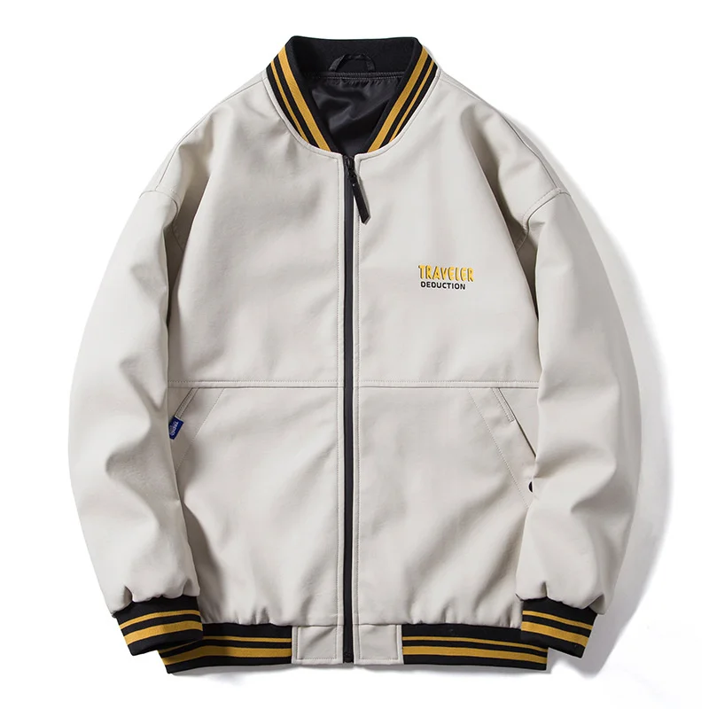 

Мужская мотоциклетная куртка из искусственной кожи, куртка с Бейсбольным воротником и надписью, одежда для осени и зимы