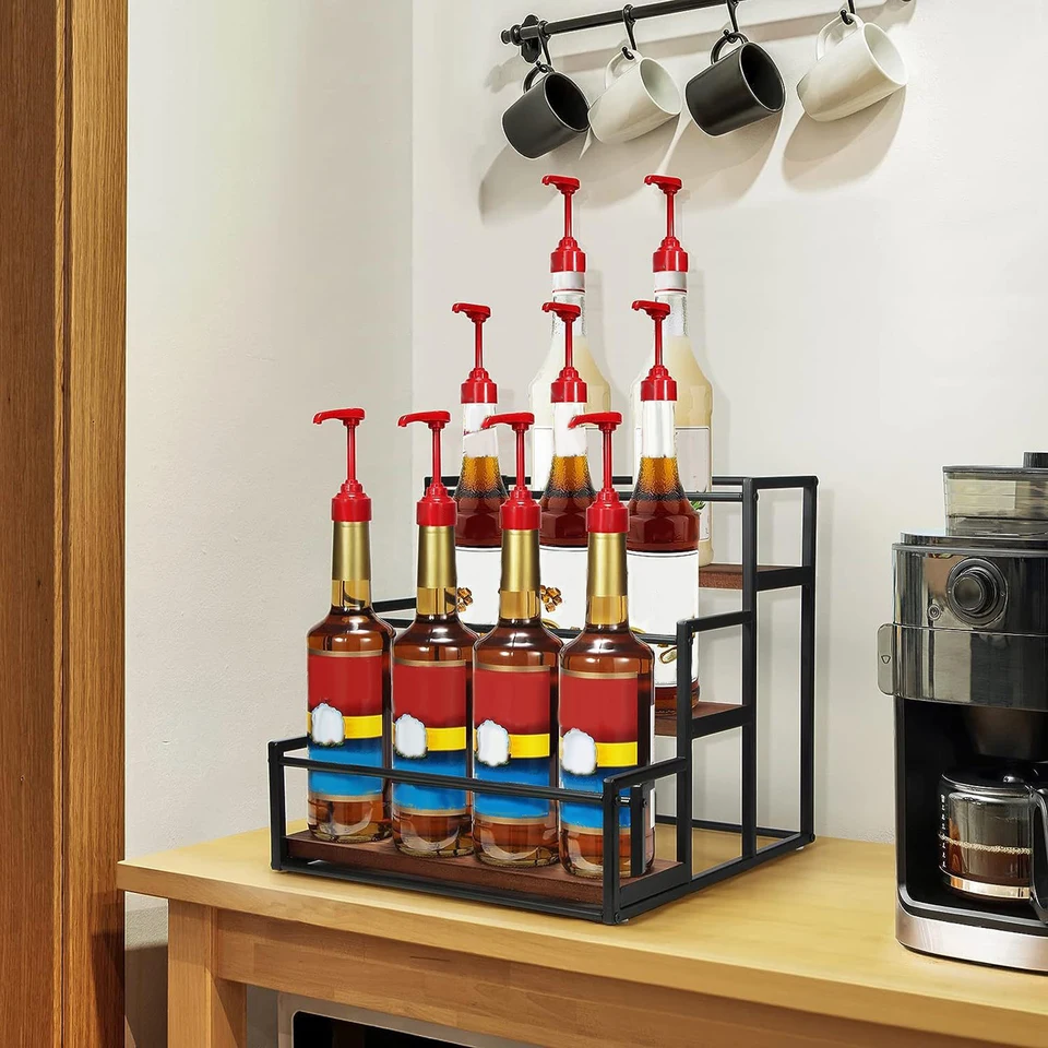 JAZUIHA Liquor Bottle Display Shelf, Coffee Syrup Rack Organizer ,Syrup Bottle Holder Stand, 3-Tier Syrup Rack For Countertop Or Tabletop Decor,Storage Countertop Shelf For Kitchen Coffee Station