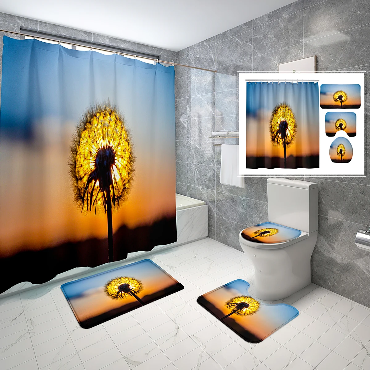 

4 Pcs Macro Photography Shower Curtain Sets with Non-Slip Rugs Mat Toilet Lid Nature Dandelion In The Sunset Shower Curtain Set