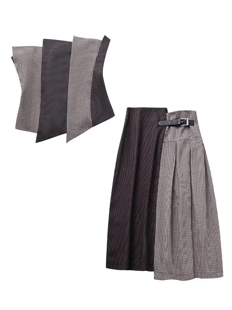 

Женский комплект из топа и юбки HH TRAF, комплект из 2 предметов, сексуальный клетчатый Топ без рукавов и бретелек, асимметричный облегающий топ с открытой спиной, Y2K