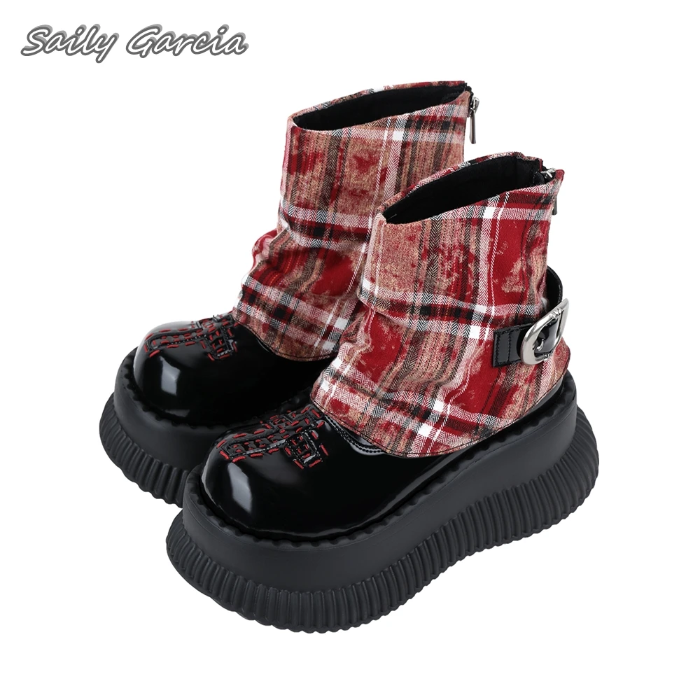 

[Plaid Queen]Gothic Style Side Zipper Patchwork Trouser Boots 2024 Design Back Belt Buckle Shoes Round Toe Platform Casual Shoe