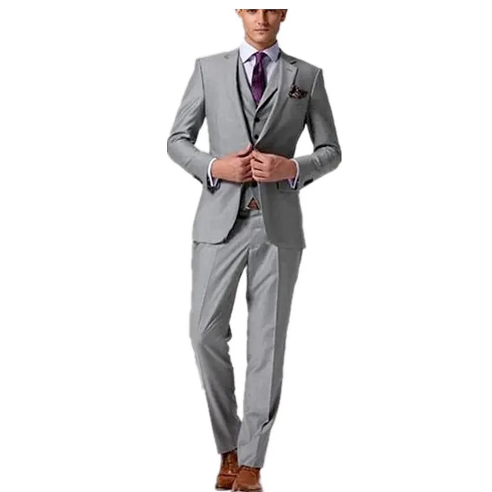 Handsome Men's Formal Gray Suit Wedding Party Groom Dress 3 pieces Groomsmen Tuexdos terno (Jacket+Vest+Pants)