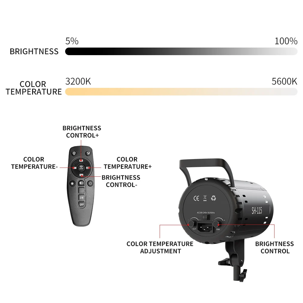 SH 115W Photography LED Video Light Daylight-Balanced Sun Lamp for Softbox Lighting Portrait Flash Studio Tik Tok Youtube Live