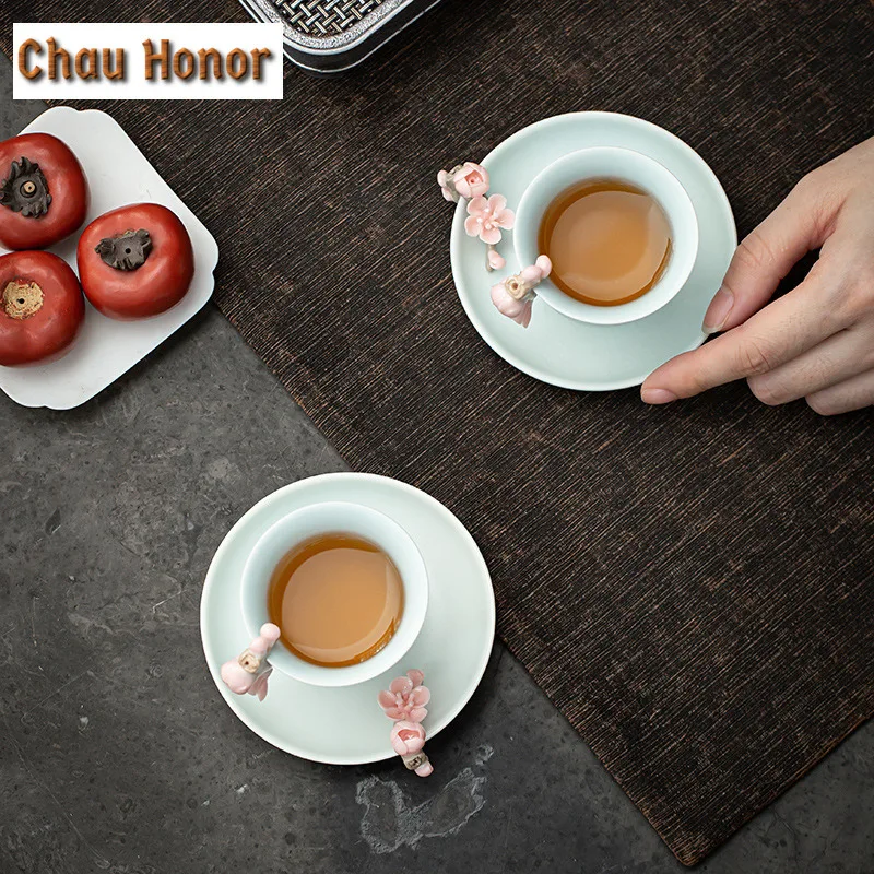 Handmade Knead Pink Plum Blossom Ceramic Teacup Coaster Boutique Azure Ru Kiln Celadon Heat Resistant Placemats Kung Fu Teaware