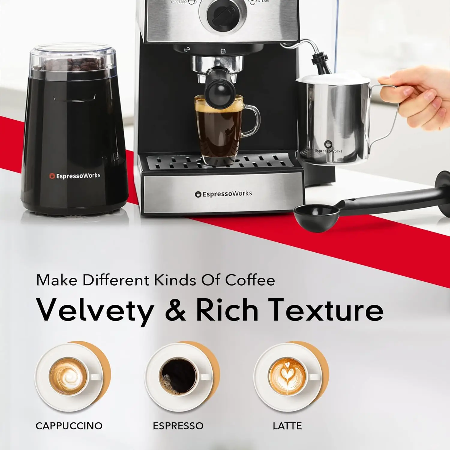 All-In-One Espresso Machine with Milk Frother 7-Piece Set - Maker Includes Grinder, Frothing Pitcher, Cups, Spoon and Tamper 5