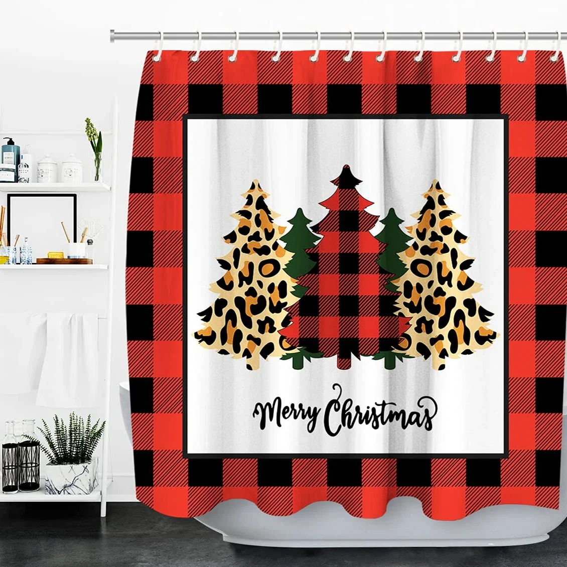 Buffalo Check Plaid Merry Christmas Trees Tenda Da Doccia, Nightmare Before Christmas Tende Da Doccia, Set Di Decorazioni Per Il Bagno Della Fattoria