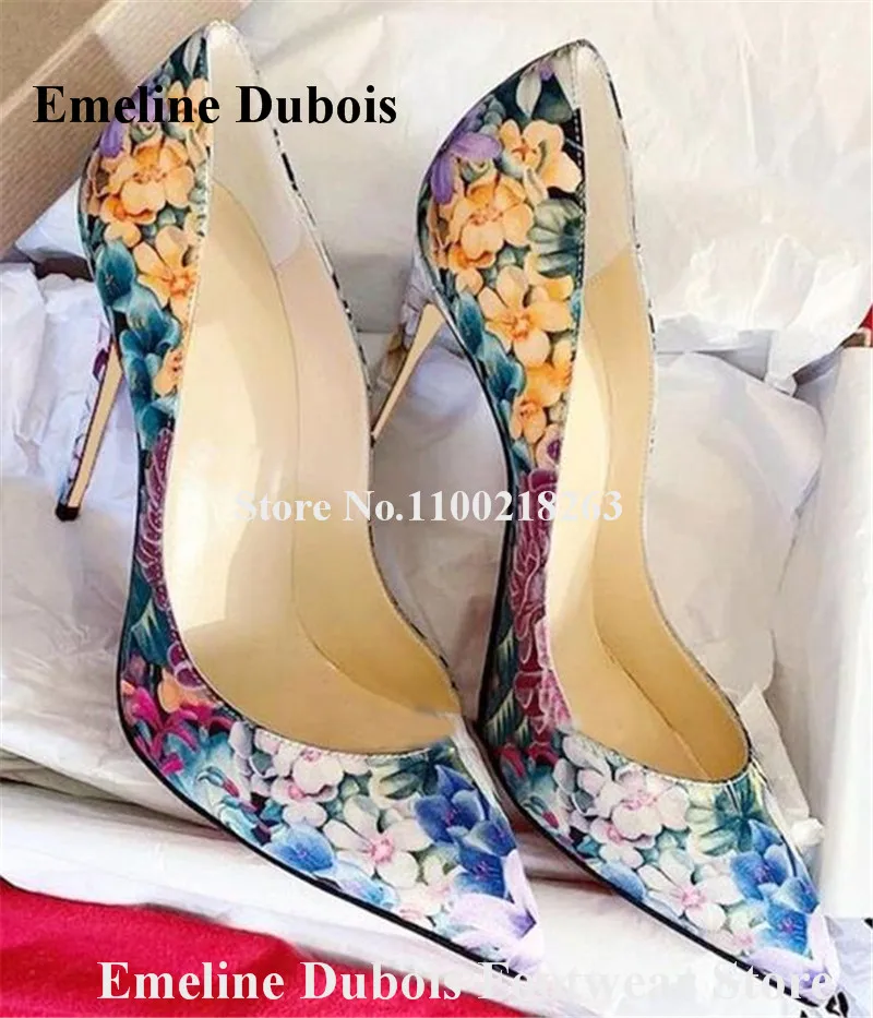 

Newest Flowers Printed Pumps Emeline Dubois Pointed Toe Patent Leather Slip-on Shallow Stiletto Heel Dress Shoes Party Heels
