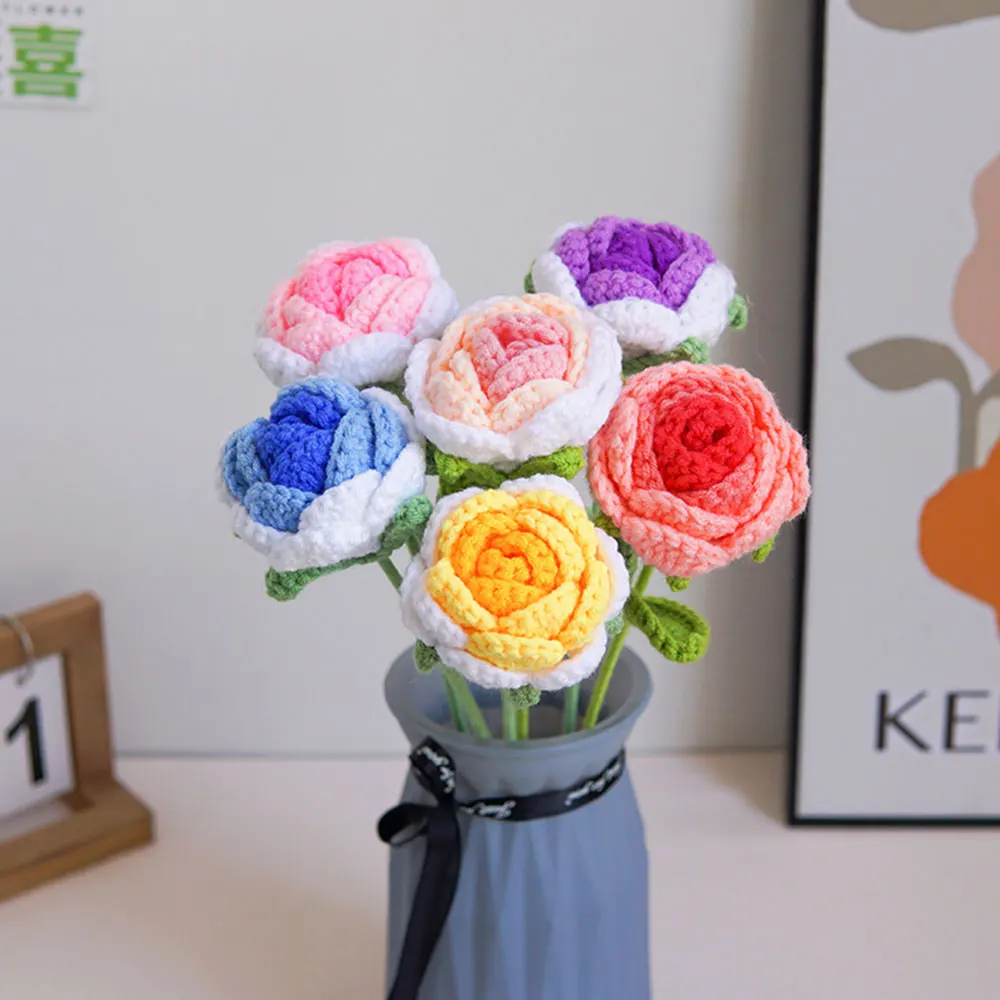 Hand Woven Roses Tulip Simulation Flower Preparation Handmade Flower Diy Wool Knitting Homemade Crochet Bouquet Finished Product