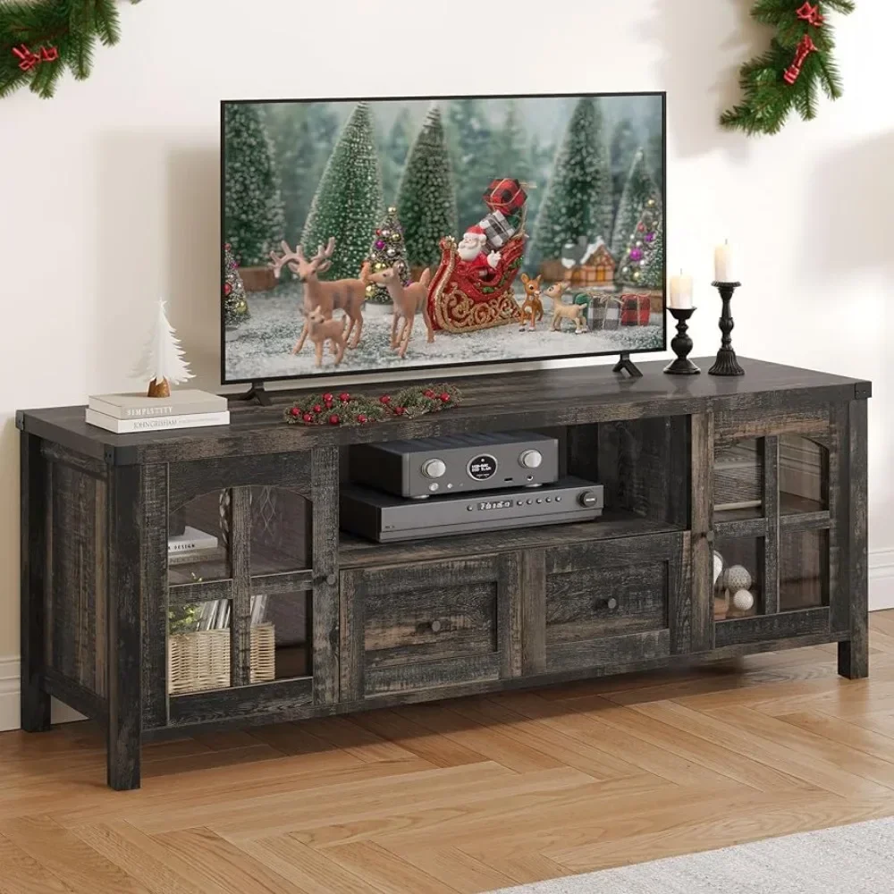 

Farmhouse TV Cabinet, Acrylic Glass Door Storage Drawer Entertainment Center Living Room TV Cabinet 300 lbs, Dark Country Oak