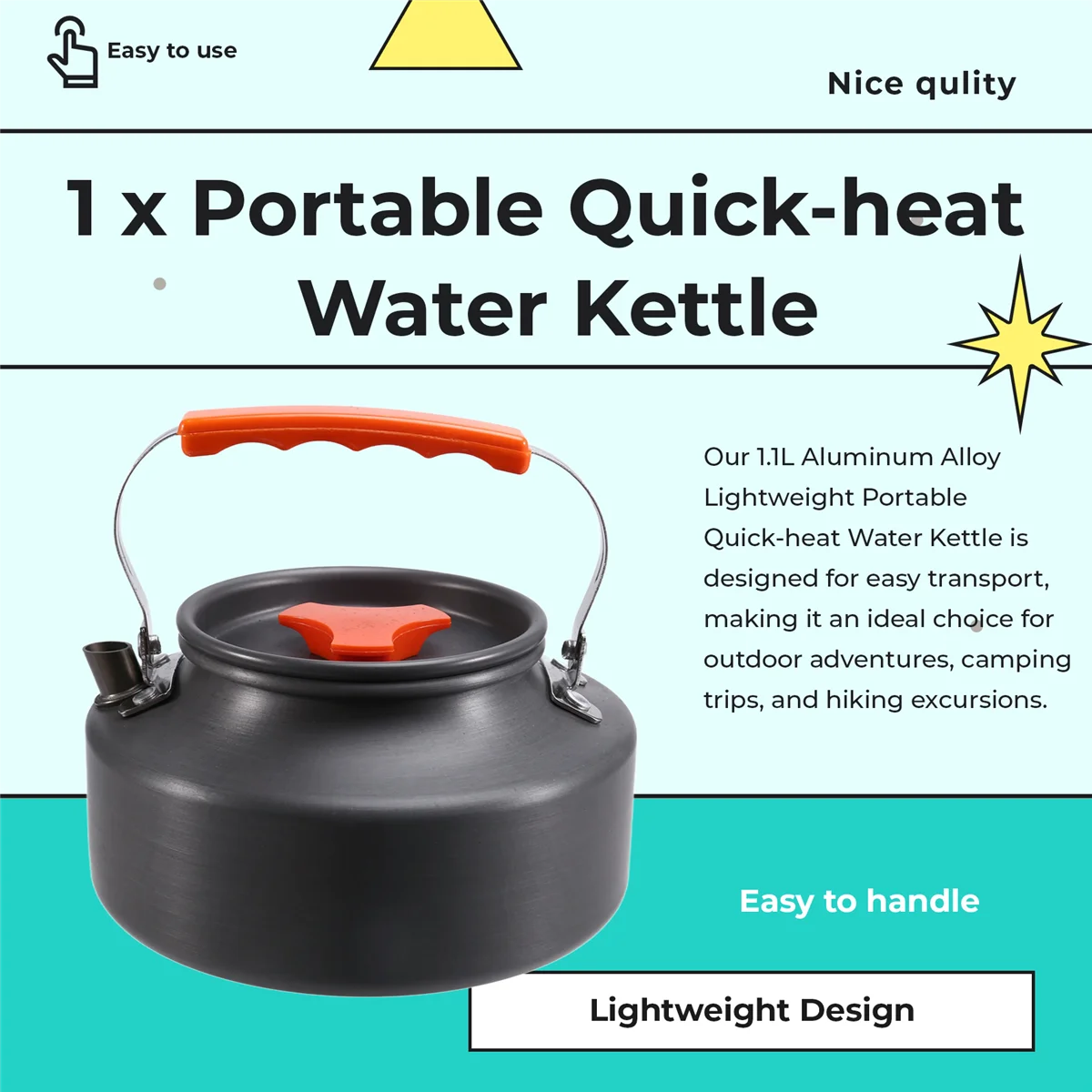 BAAU 1.1L Aluminum Alloy Outdoor Portable Quick-Heat Water Kettle for Outdoor Camping Cooking