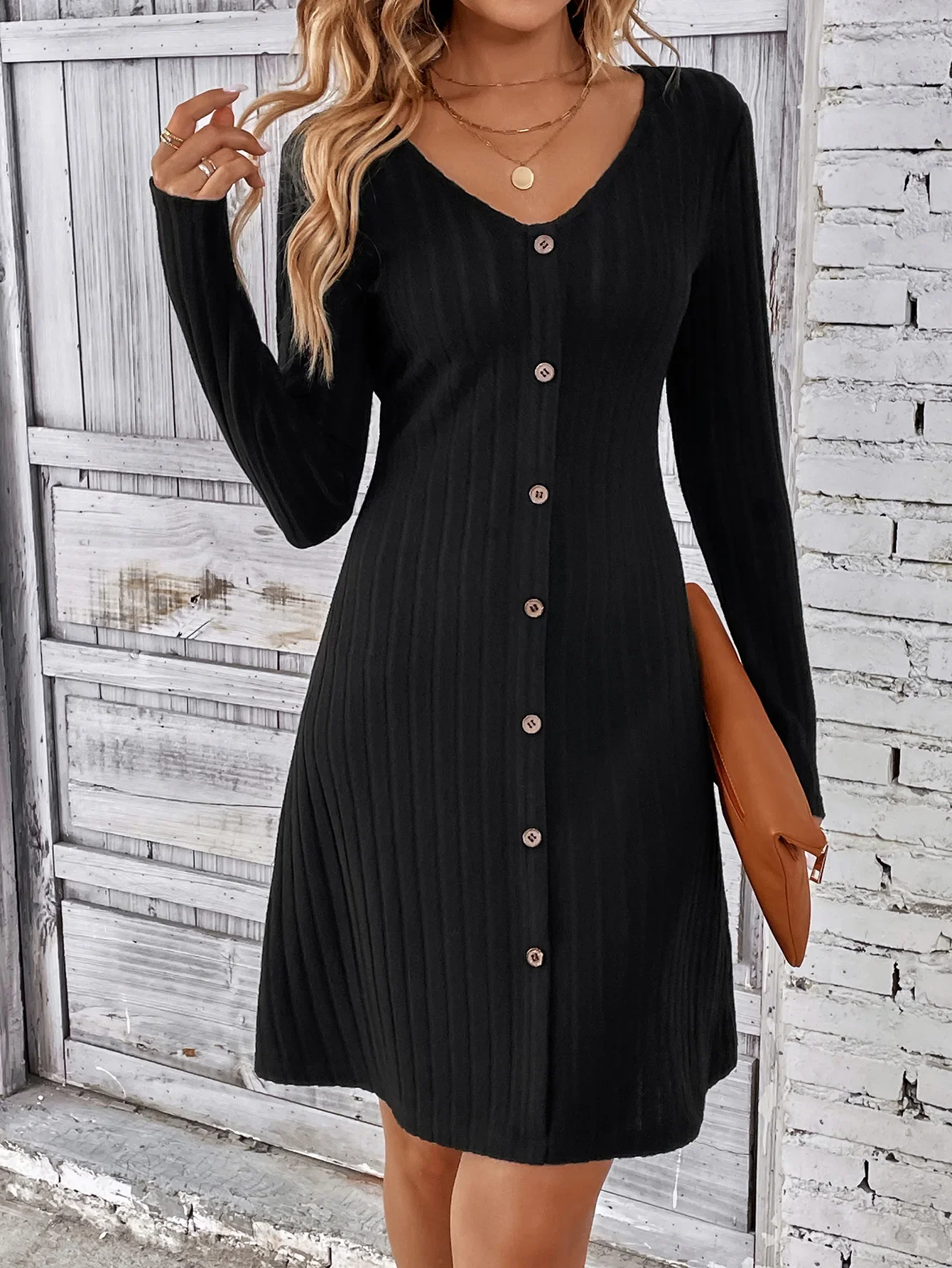 

Fashion Solid Ribbed Knitted Mini Dress Women Button Long Sleeve A Line Dresses 2023 Autumn Lady Streetwear Robe
