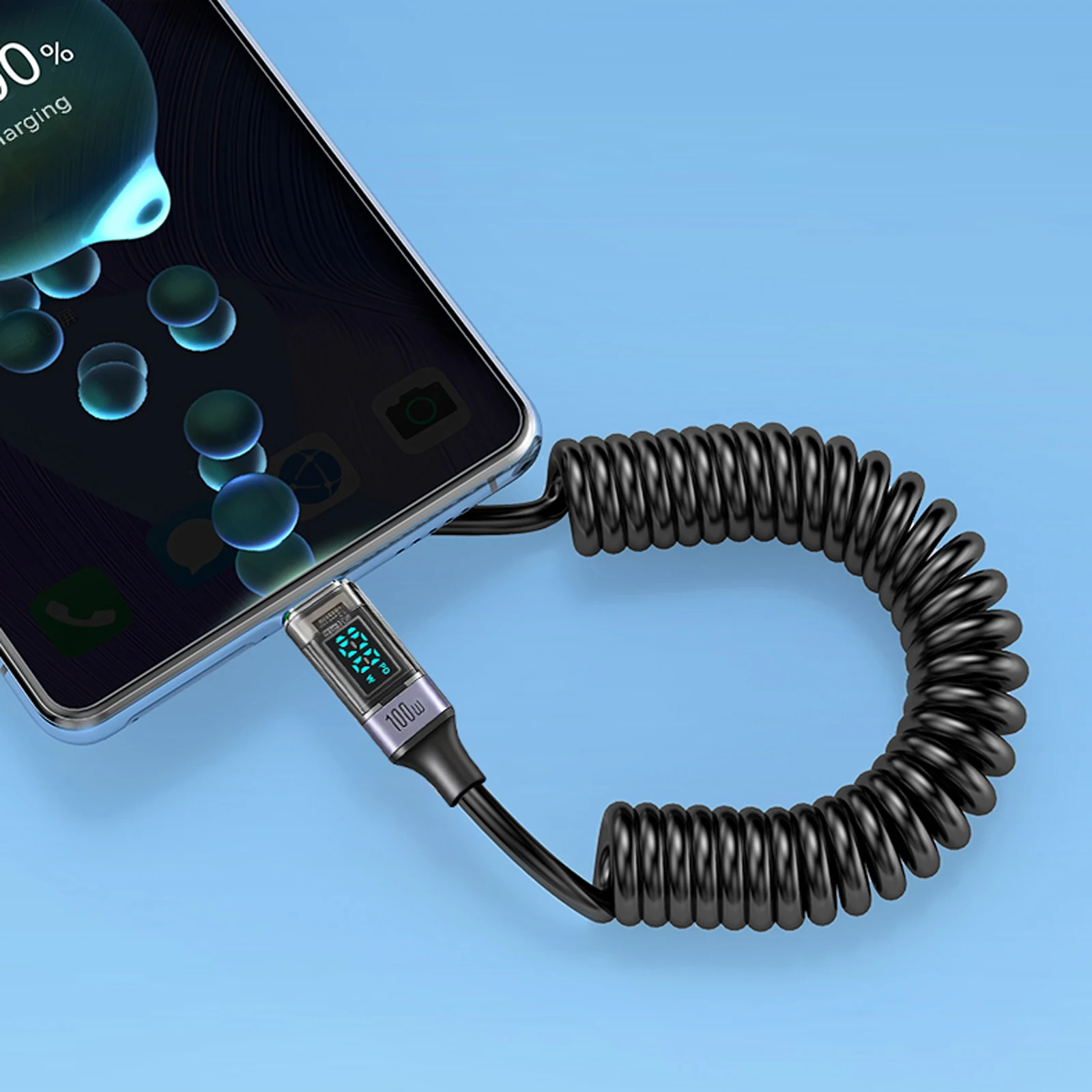 직각 USB C to 타입 C 코일형 고속 충전 케이블, LED 디지털 디스플레이 충전 코드 아이폰 17/16/15, 삼성 S25/S24용