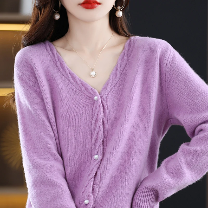 

2023 Autumn/Winter Women's New 100% Wool Knitted Cold Clothing V-neck Solid Button Cardigan Soft and Warm Blouse