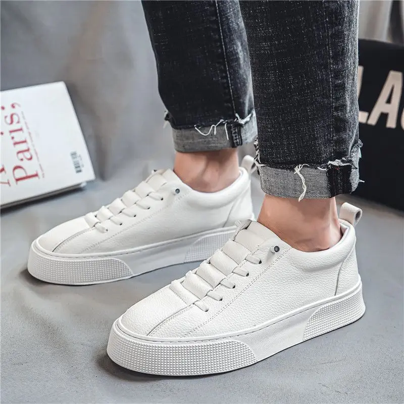 Men  Black White Leather Sneakers Casual Soft Leather Shoes Lace-up Shoes Mens Fashion Outdoor Walking Shoes Male Trainers