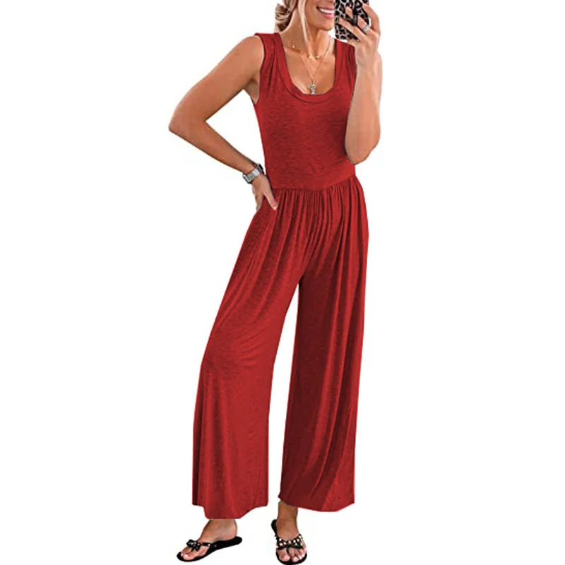 Elegant Woman Jumpsuits Women Casual Loose jumpsuti Sleeveless Tank Jumpsuits High Waist Low Cut Casual O Neck Flare Long