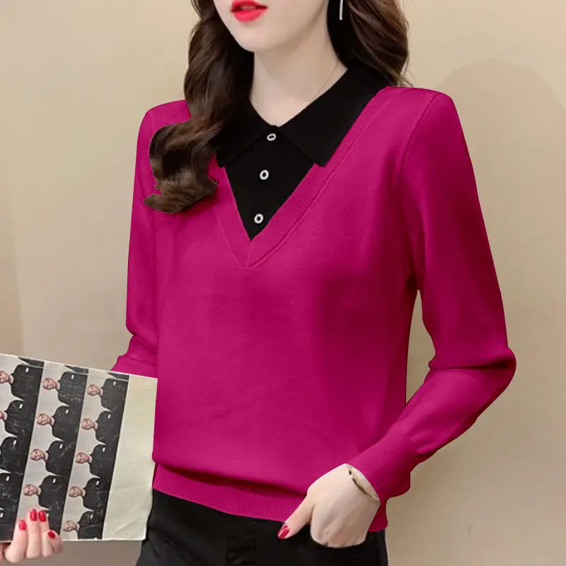 

Casual Fashion Lapel Button Spliced Knitted Sweaters Women Clothing 2022 Autumn New Korean Loose Pullovers Fake Two Pieces Tops